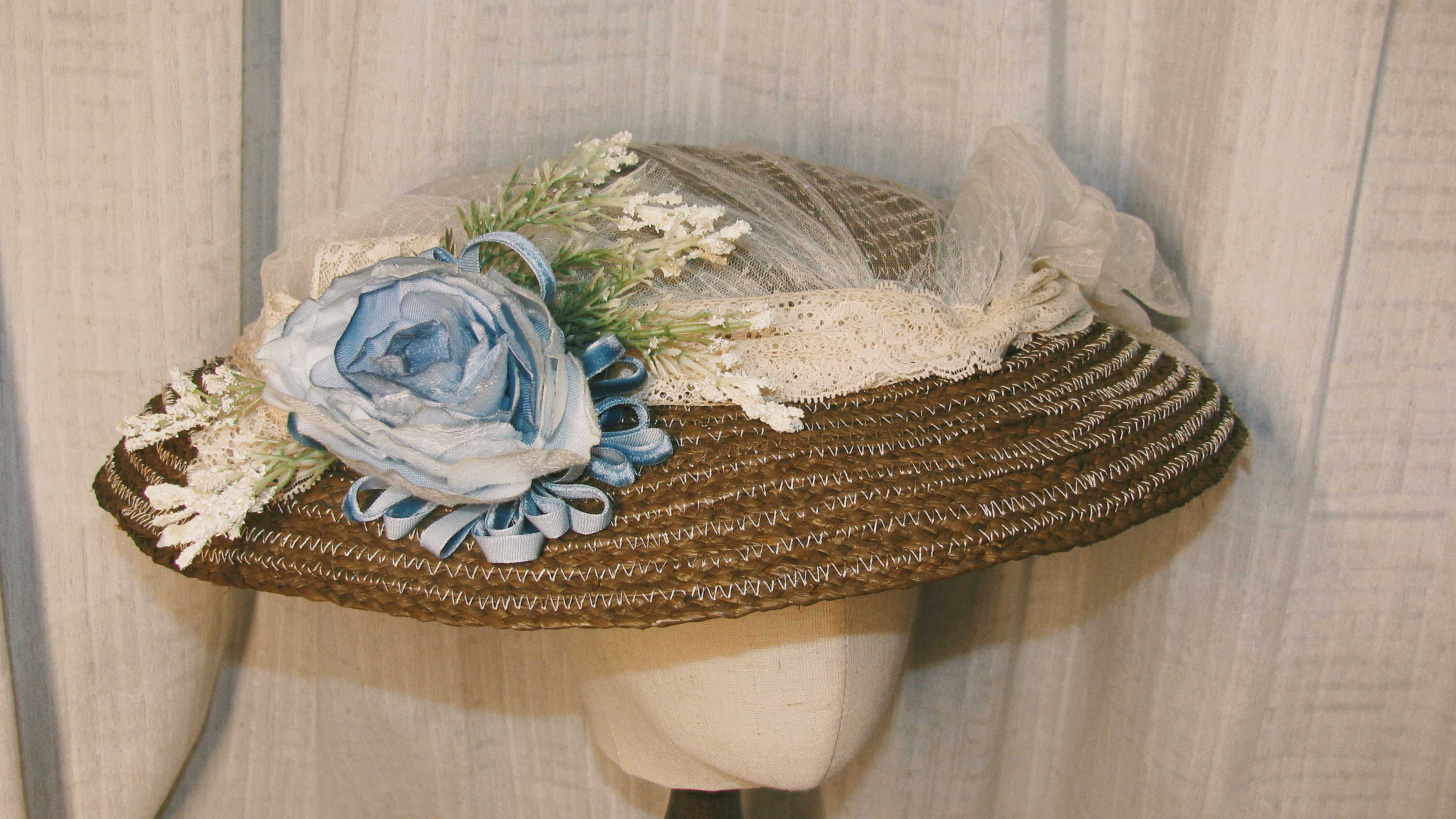 1900 Brown Woven Wide-Brim Hat with Lace & Blue Flower - Rustic Retro Headwear ARHA1025