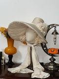 1830s Romantic Cream Wide-Brim with Ruffled Flower & Scarf Accents - Elegant Romantic Headwear for Tea Parties & Retro Events RAHA1020