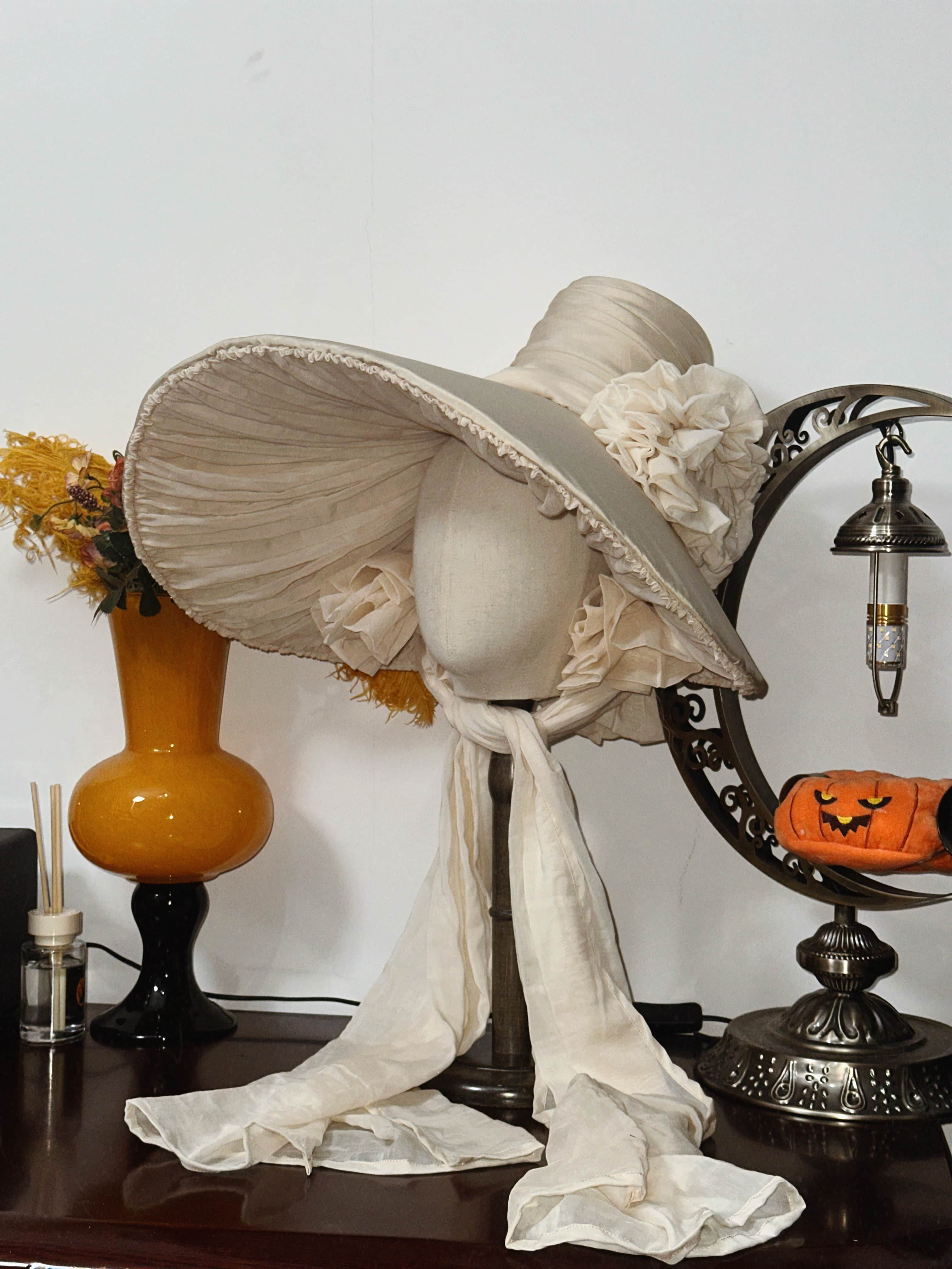 1830s Romantic Cream Wide-Brim with Ruffled Flower & Scarf Accents - Elegant Romantic Headwear for Tea Parties & Retro Events RAHA1020