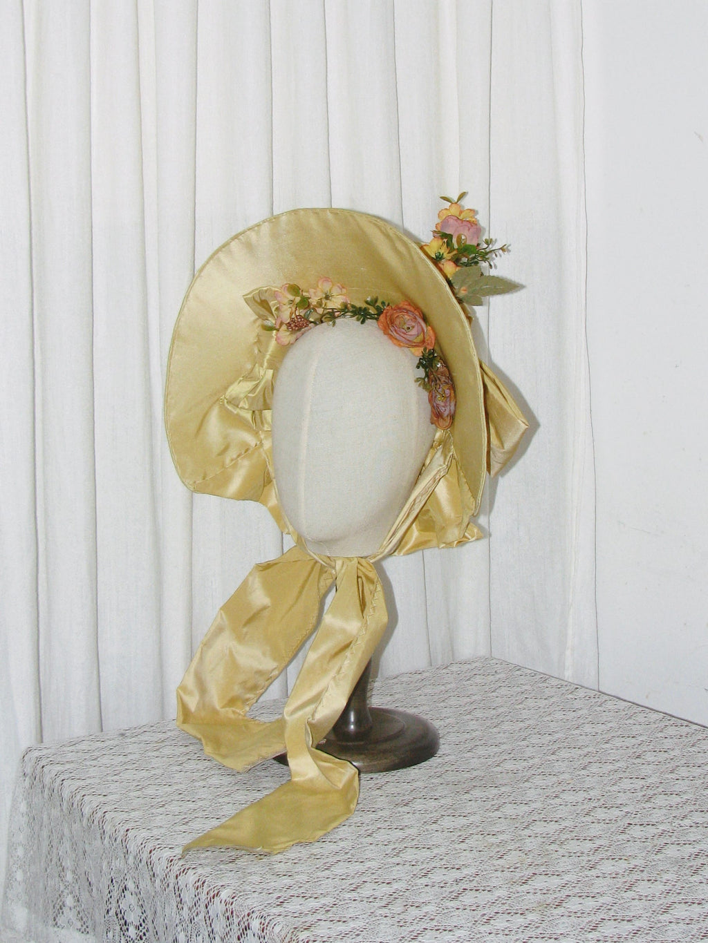 1830s Romantic Elegant Yellow Satin Bonnet with Floral Embellishments and Silk Ribbon Ties ARHA1004