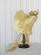 1830s Romantic Elegant Yellow Satin Bonnet with Floral Embellishments and Silk Ribbon Ties ARHA1004
