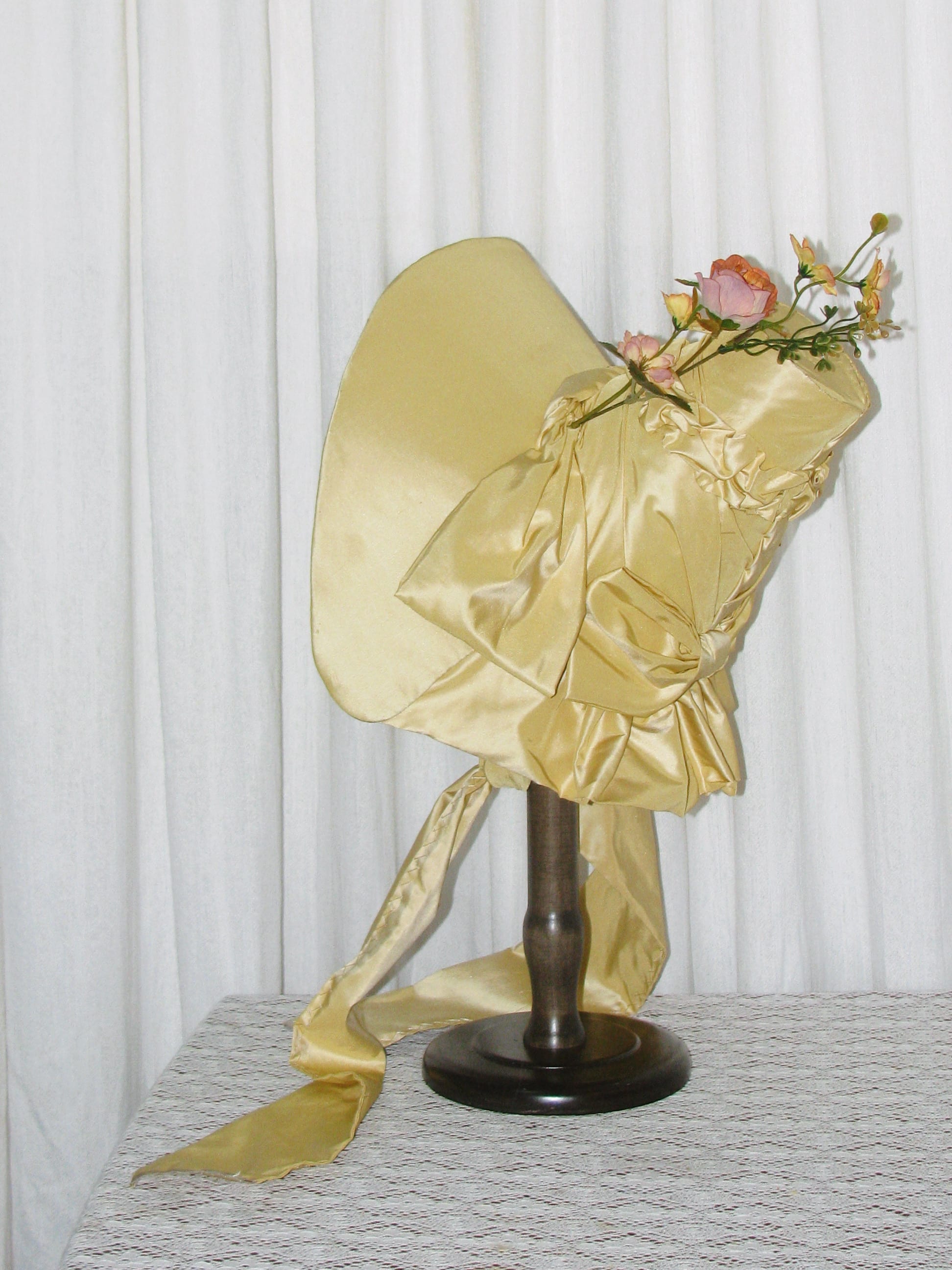 1830s Romantic Elegant Yellow Satin Bonnet with Floral Embellishments and Silk Ribbon Ties ARHA1004