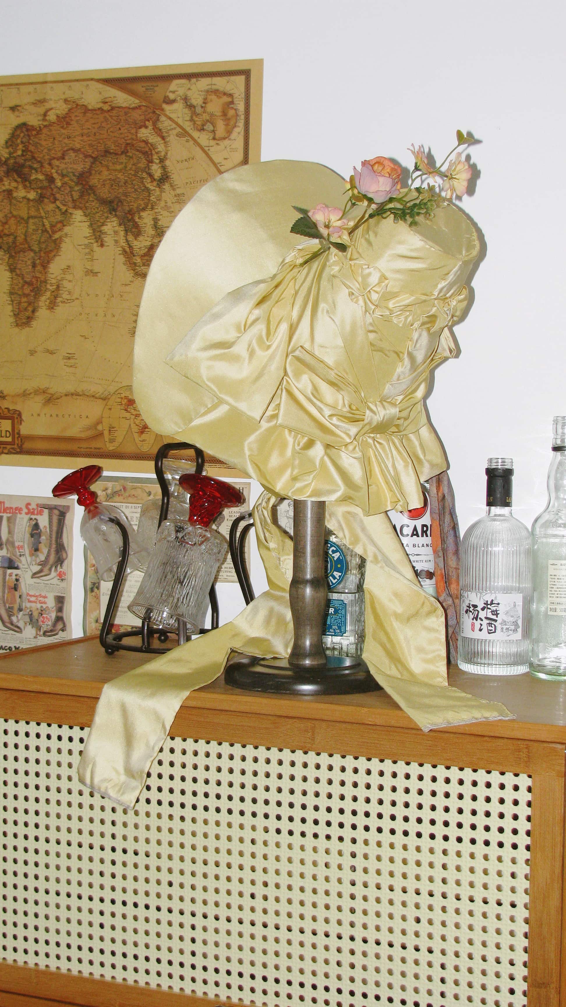 1830s Romantic Elegant Yellow Satin Bonnet with Floral Embellishments and Silk Ribbon Ties ARHA1004