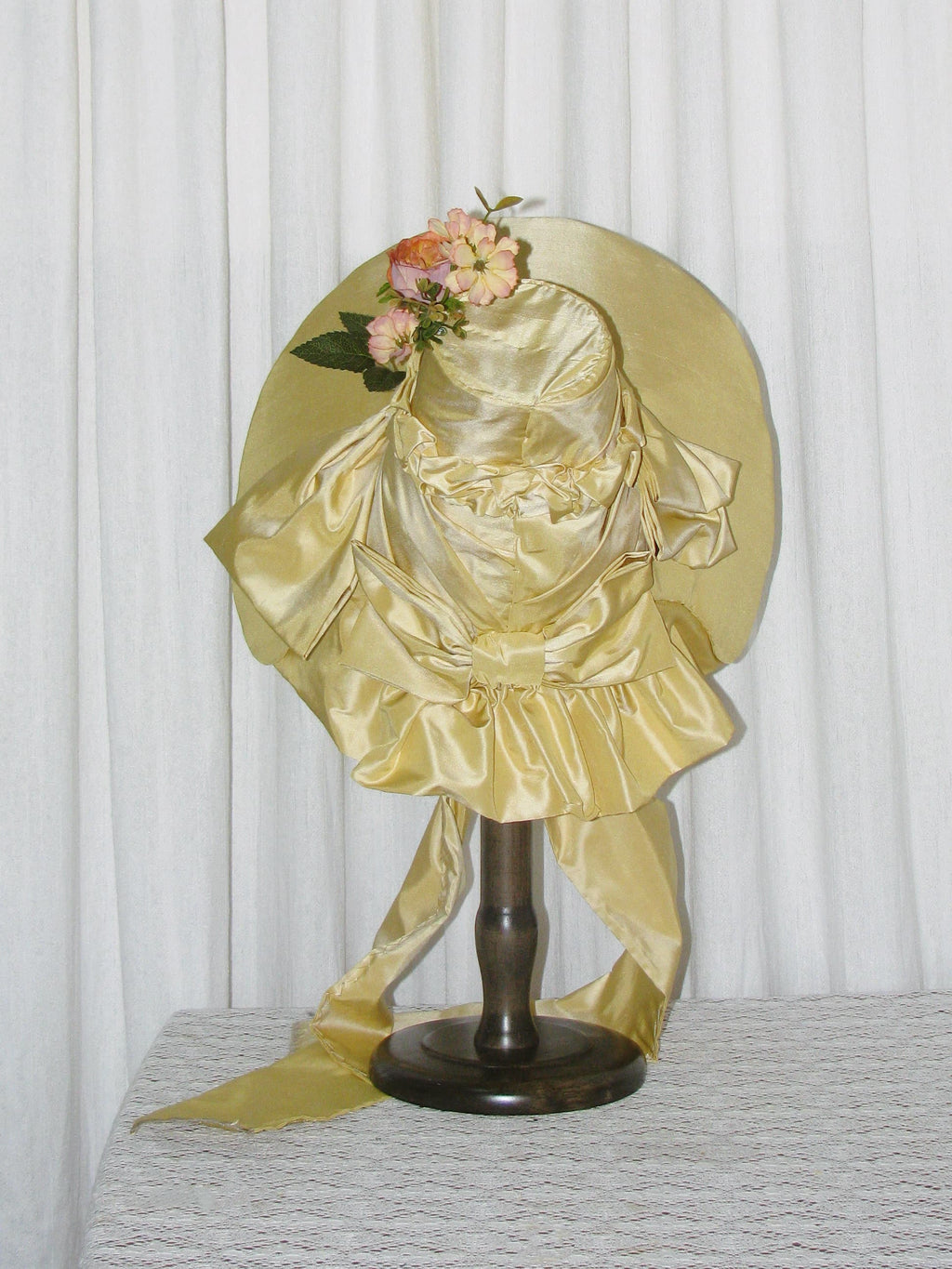 1830s Romantic Elegant Yellow Satin Bonnet with Floral Embellishments and Silk Ribbon Ties ARHA1004