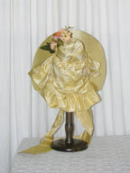 1830s Romantic Elegant Yellow Satin Bonnet with Floral Embellishments and Silk Ribbon Ties ARHA1004