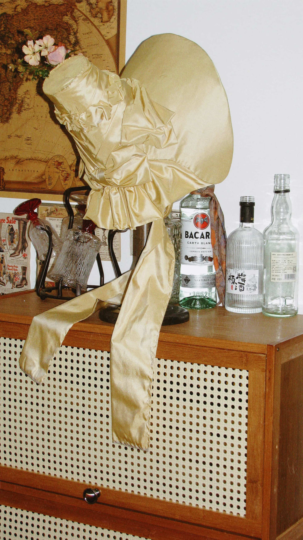 1830s Romantic Elegant Yellow Satin Bonnet with Floral Embellishments and Silk Ribbon Ties ARHA1004