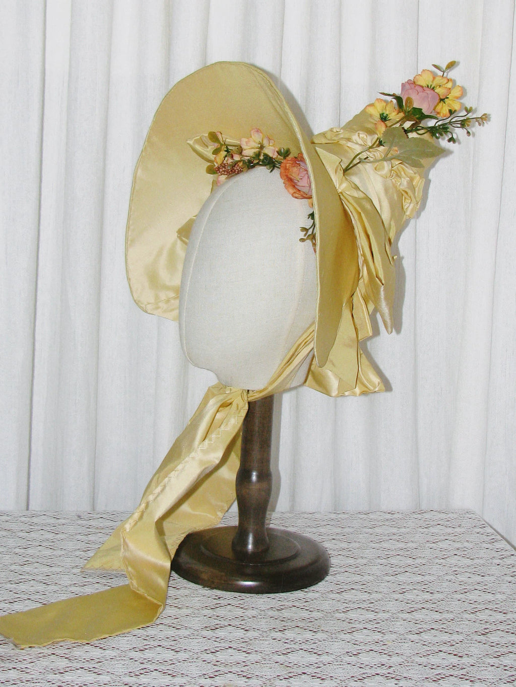 1830s Romantic Elegant Yellow Satin Bonnet with Floral Embellishments and Silk Ribbon Ties ARHA1004