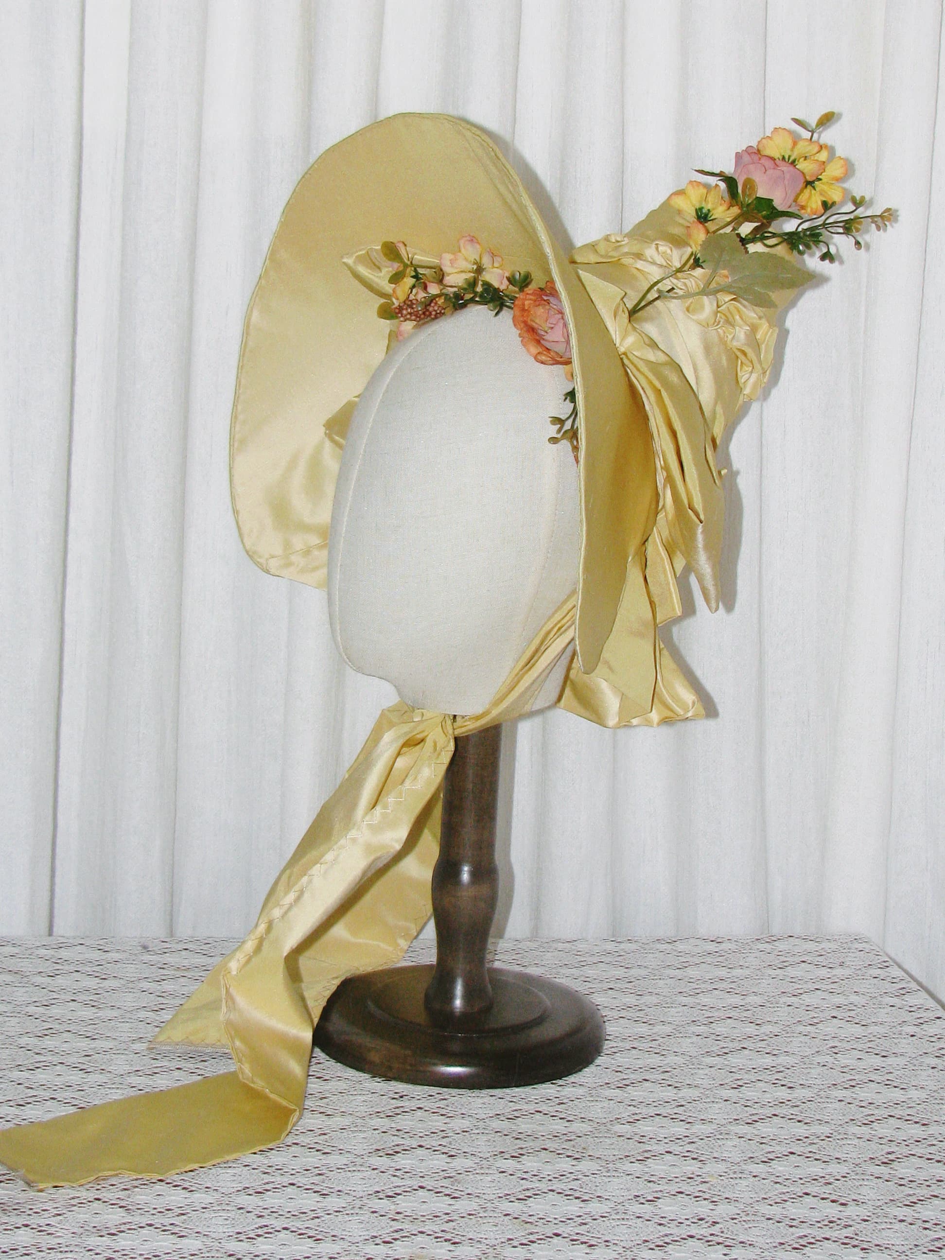1830s Romantic Elegant Yellow Satin Bonnet with Floral Embellishments and Silk Ribbon Ties ARHA1004