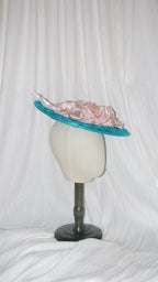 Victorian Edwardian Teal & Blush Satin Ruffled Floral Hat – Elegant Statement Headwear for Special Occasions ARHA1005