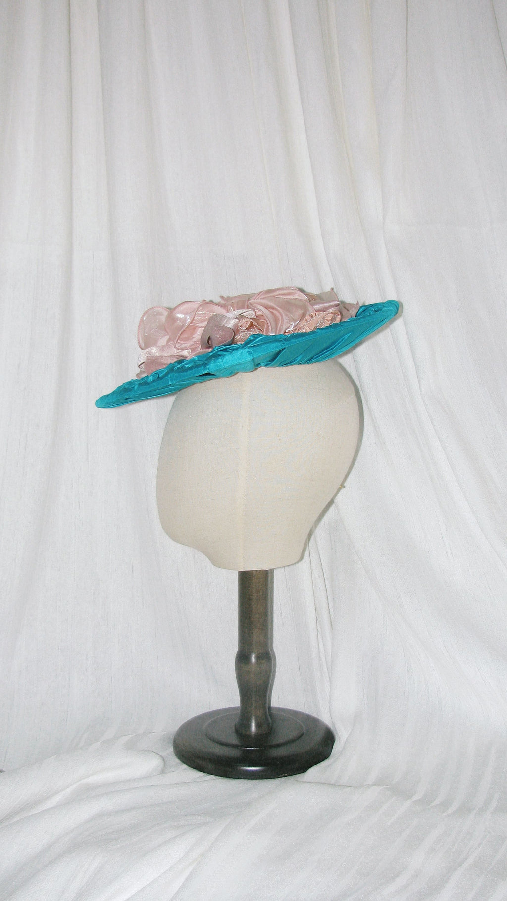 Victorian Edwardian Teal & Blush Satin Ruffled Floral Hat – Elegant Statement Headwear for Special Occasions ARHA1005