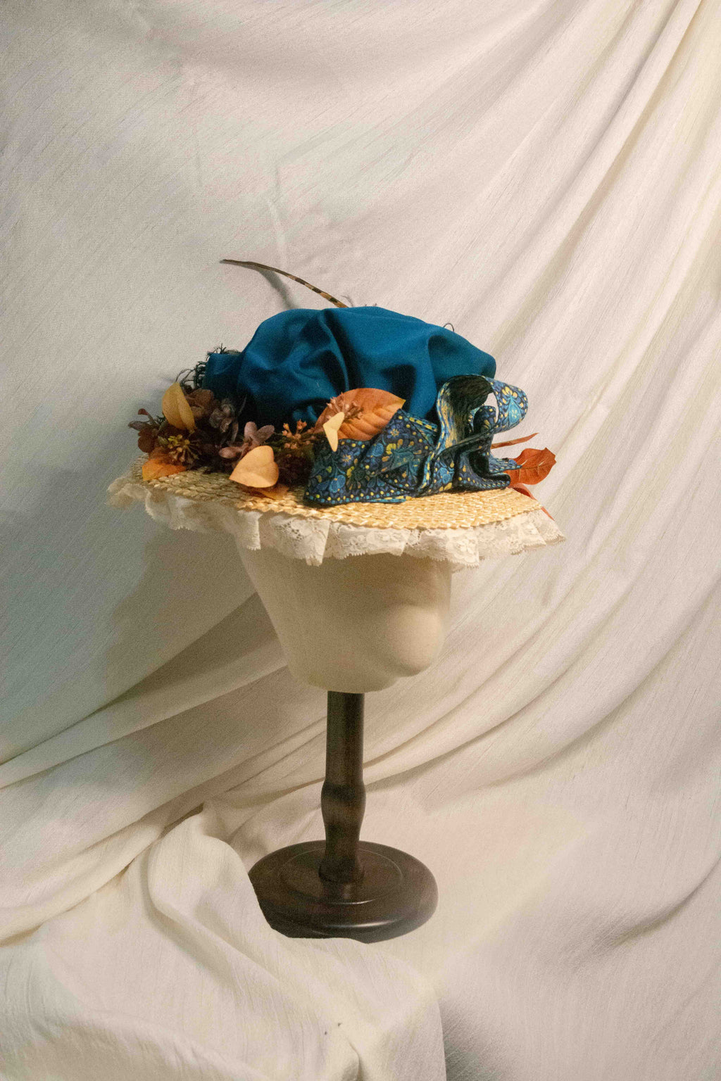 18th Rococo Hat With Teal Silk Drape, Dried Flowers & Lace Edge ARHA1038