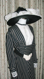 1900s Edwardian Day Dress With Dark Blue Stripe &White Embroider - ARCL1002