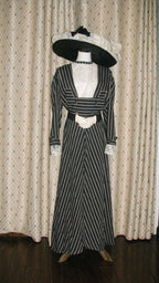 1900s Edwardian Day Dress With Dark Blue Stripe &White Embroider - ARCL1002