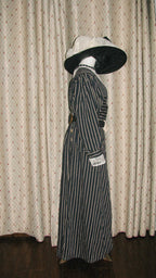 1900s Edwardian Day Dress With Dark Blue Stripe &White Embroider - ARCL1002
