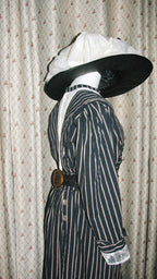 1900s Edwardian Day Dress With Dark Blue Stripe &White Embroider - ARCL1002