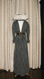 1900s Edwardian Day Dress With Dark Blue Stripe &White Embroider - ARCL1002