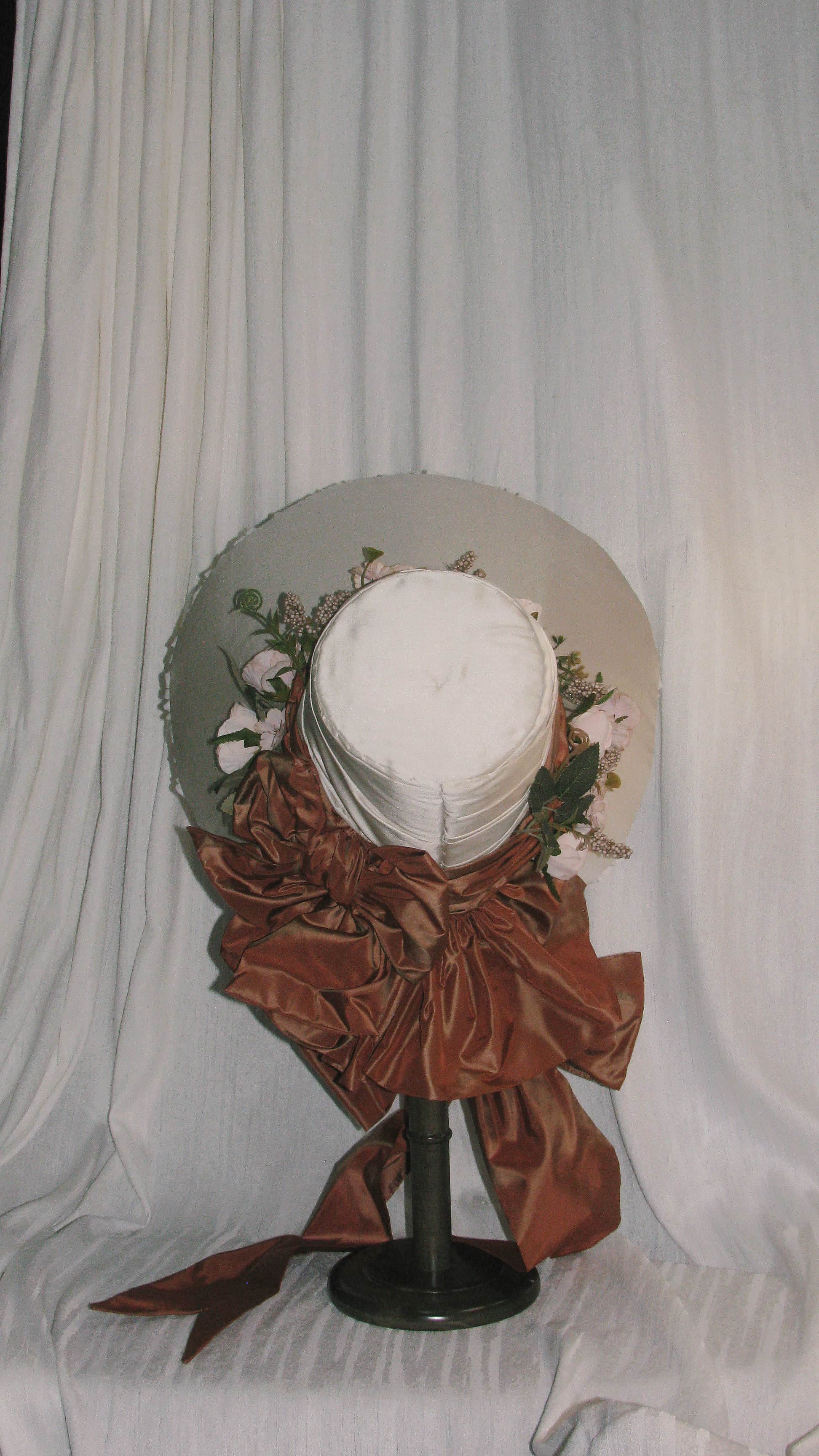 1830 Regency  Ivory Satin Bonnet– Custom Caramel Satin Bow & Blush Floral Embellish for Bespoke Bridal/Retro Headwear ARHA1006