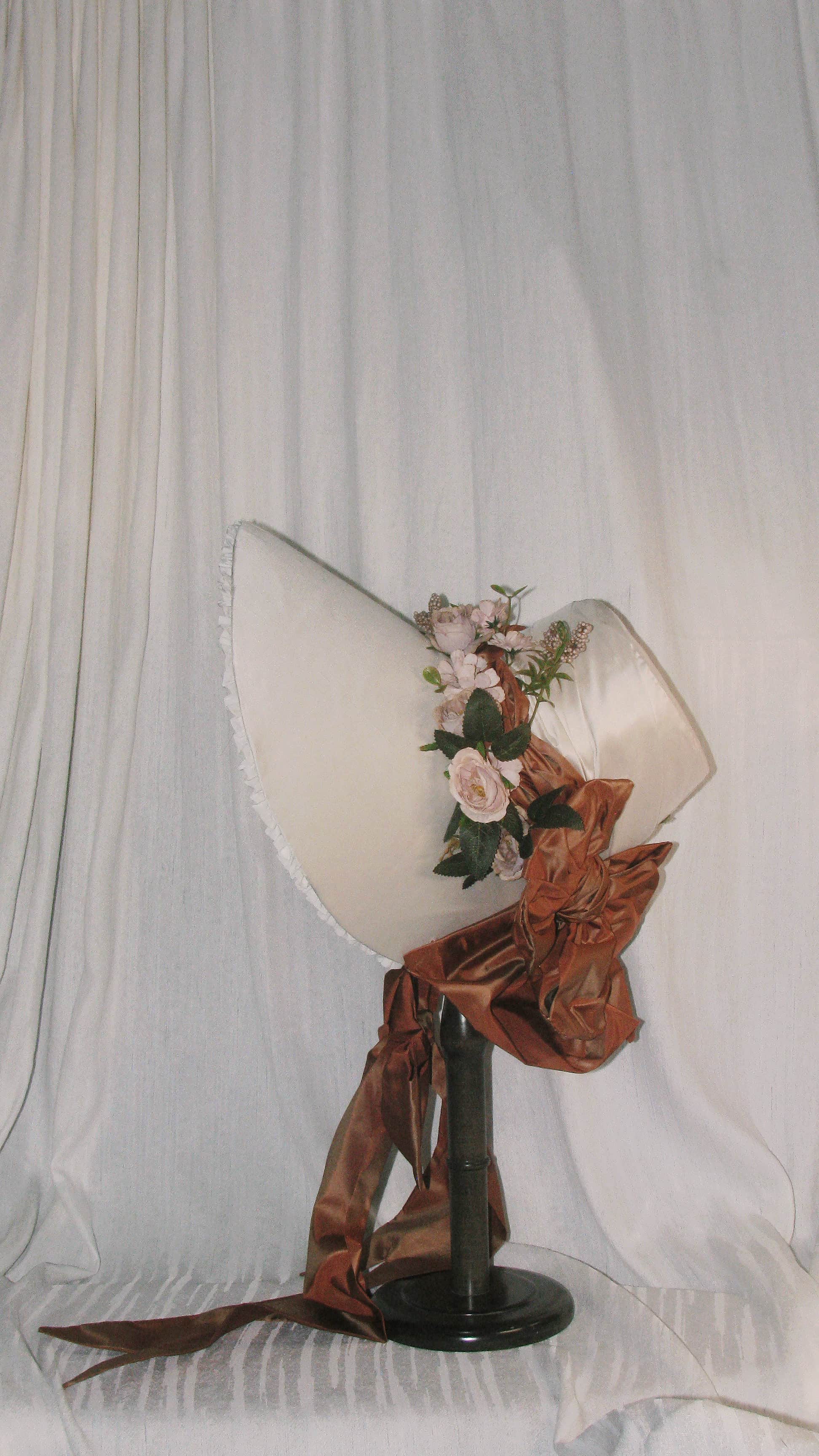 1830 Regency  Ivory Satin Bonnet– Custom Caramel Satin Bow & Blush Floral Embellish for Bespoke Bridal/Retro Headwear ARHA1006