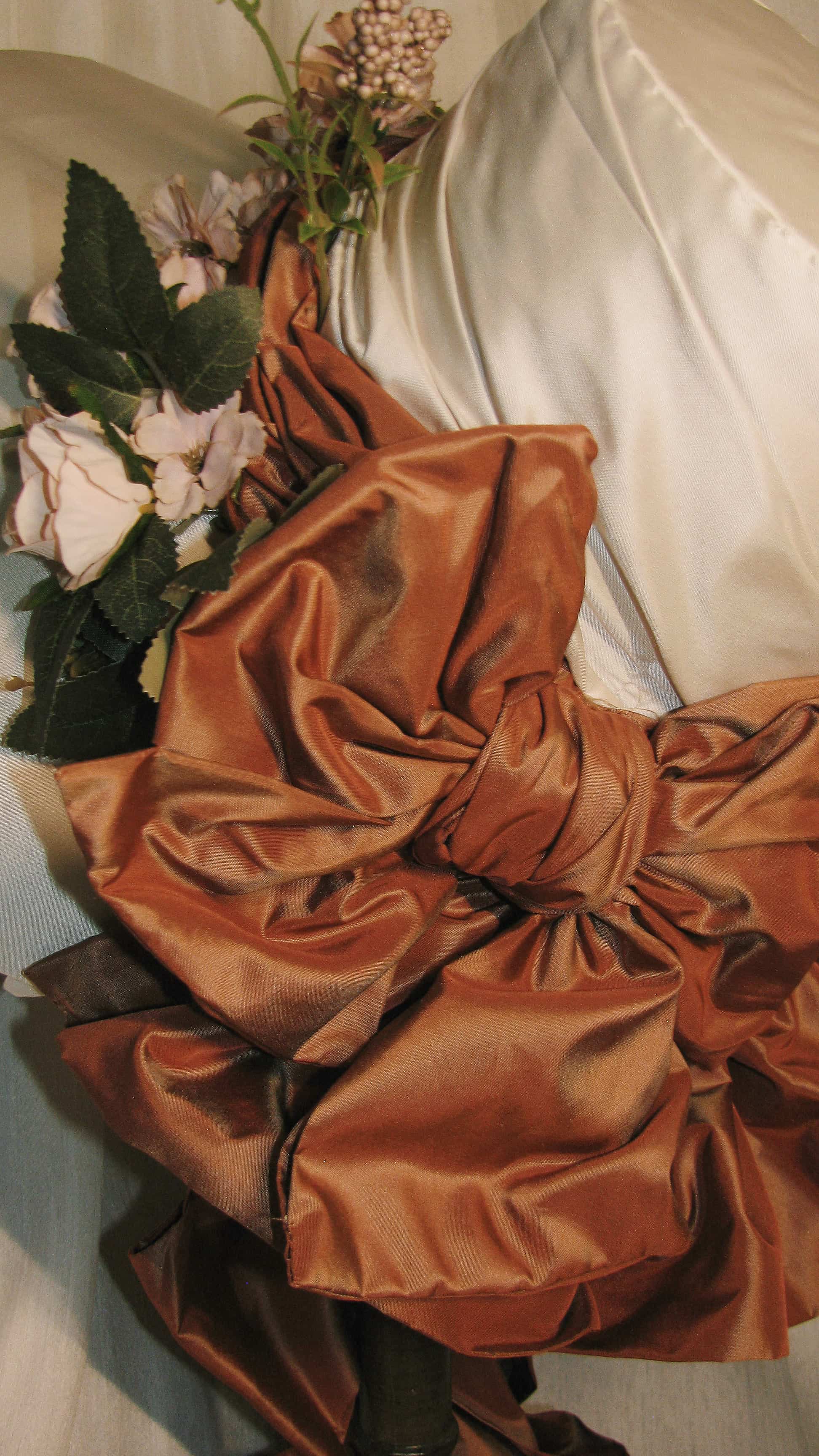 1830 Regency  Ivory Satin Bonnet– Custom Caramel Satin Bow & Blush Floral Embellish for Bespoke Bridal/Retro Headwear ARHA1006