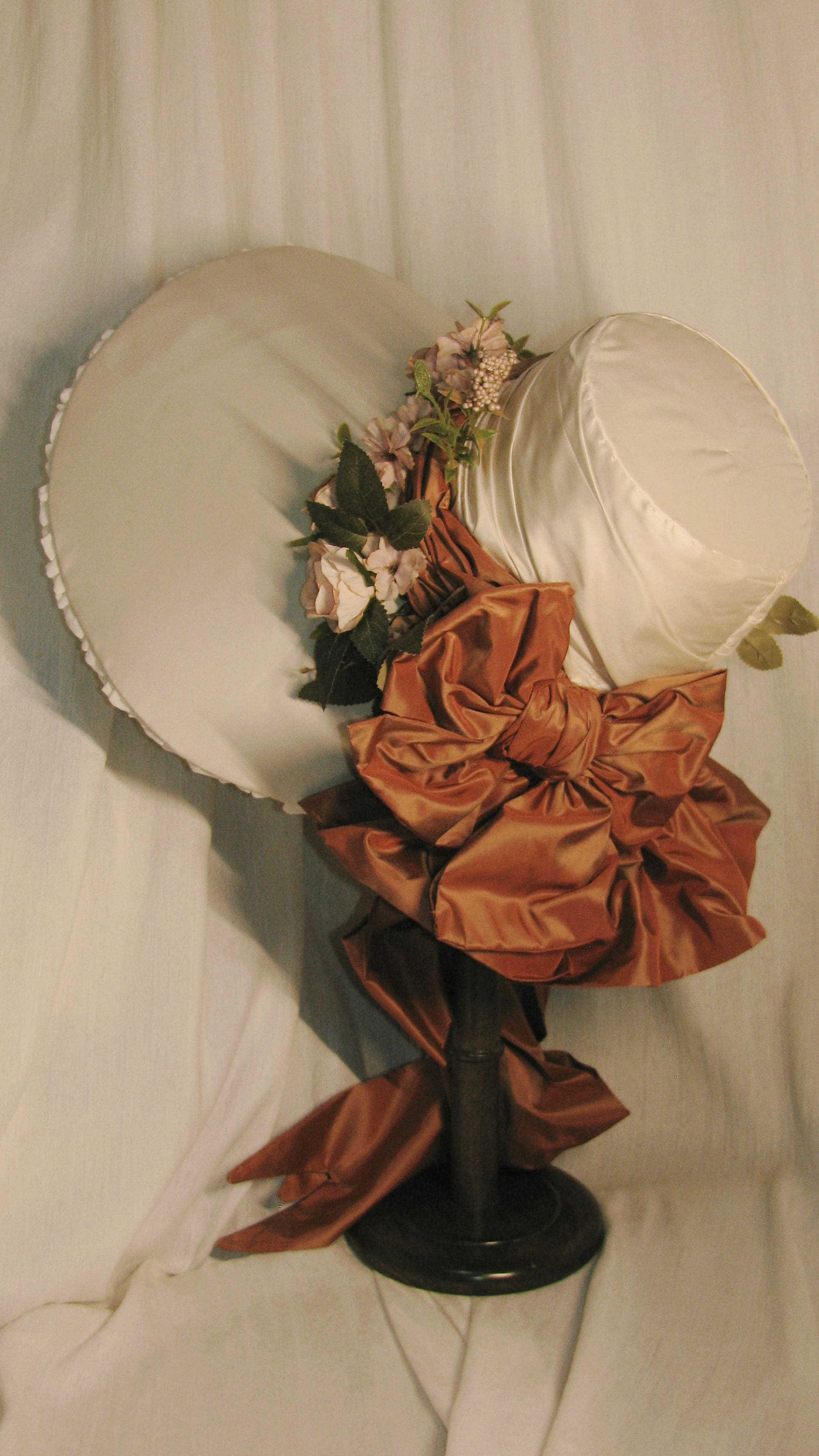 1830 Regency  Ivory Satin Bonnet– Custom Caramel Satin Bow & Blush Floral Embellish for Bespoke Bridal/Retro Headwear ARHA1006