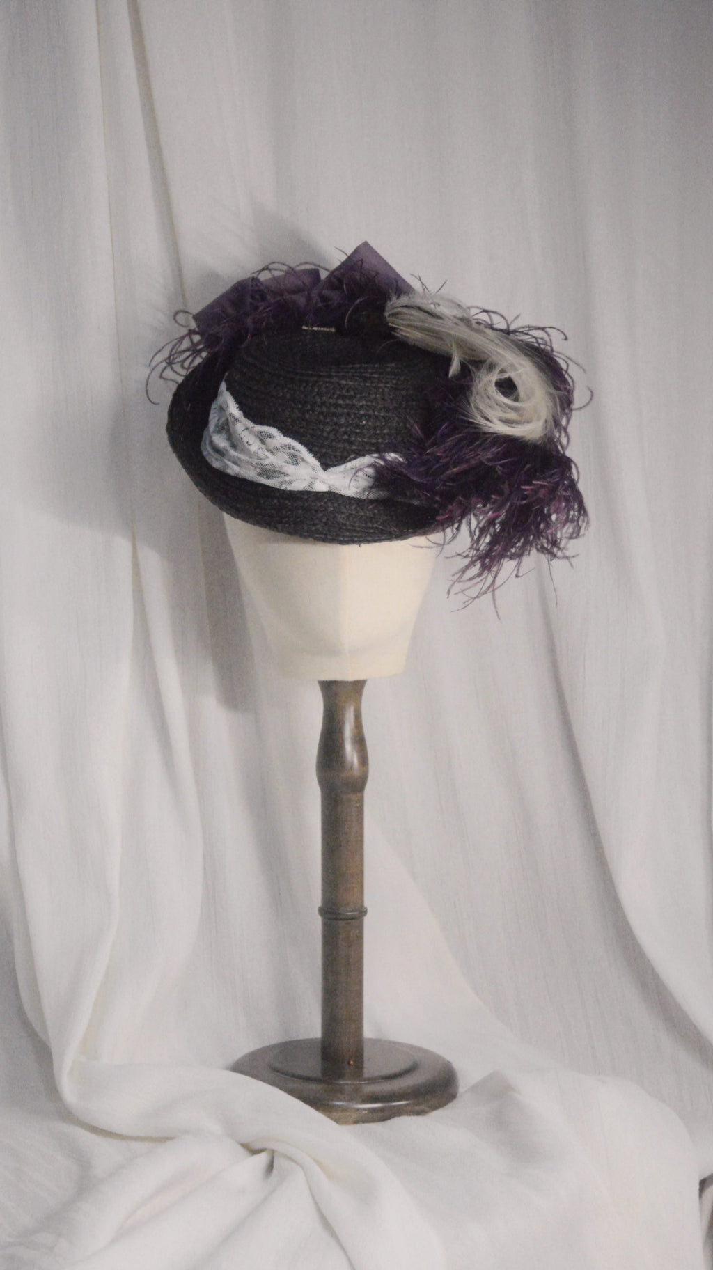 Straw HAT Black-Purple Feathered Hat - ARHA1026