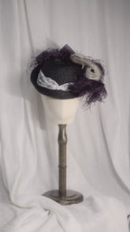 Straw HAT Black-Purple Feathered Hat - ARHA1026