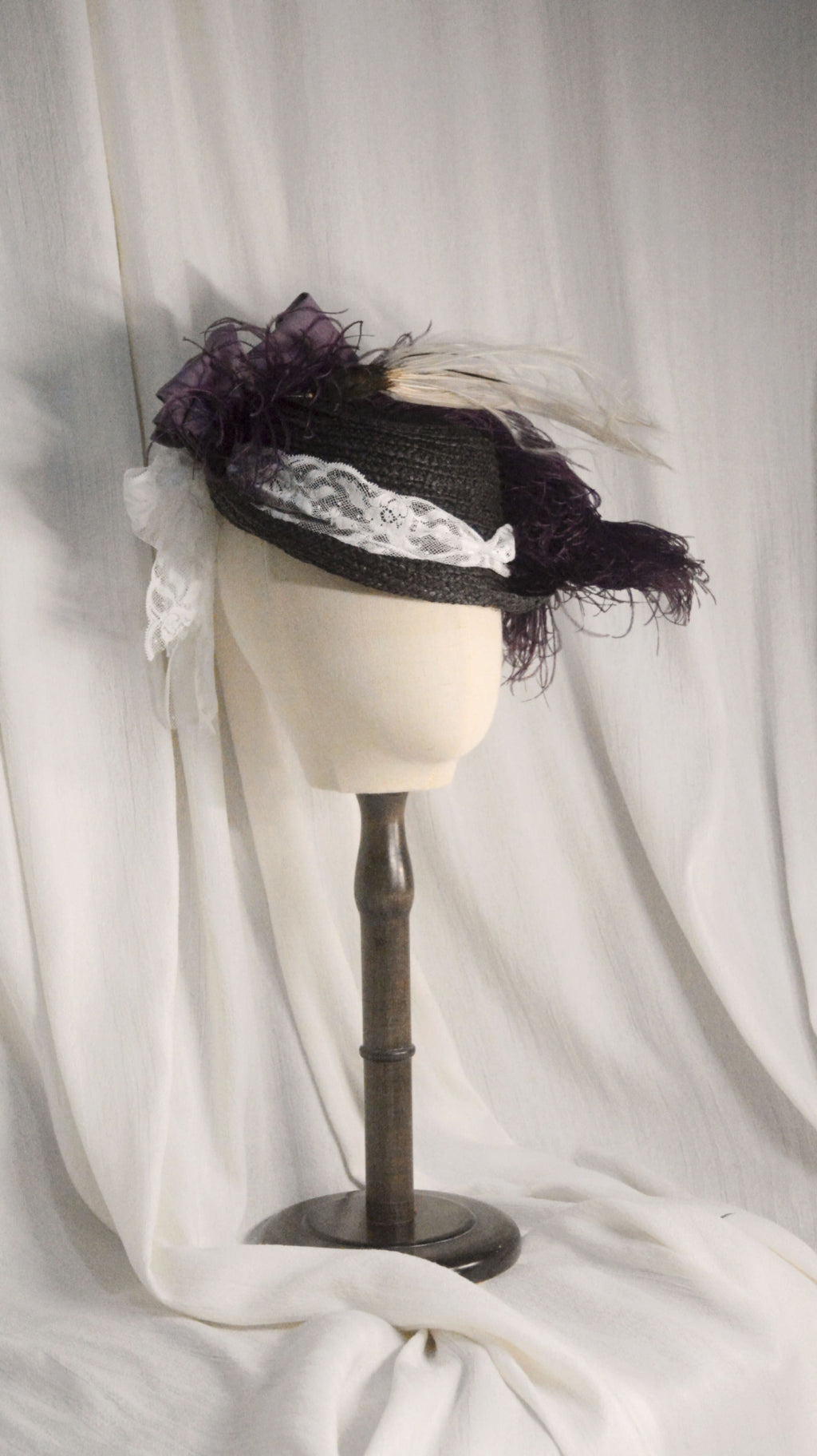 Straw HAT Black-Purple Feathered Hat - ARHA1026