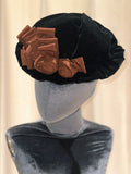 1890 Black Velvet Hat with Brown Satin Roses - Elegant Retro Headwear ARHA1023