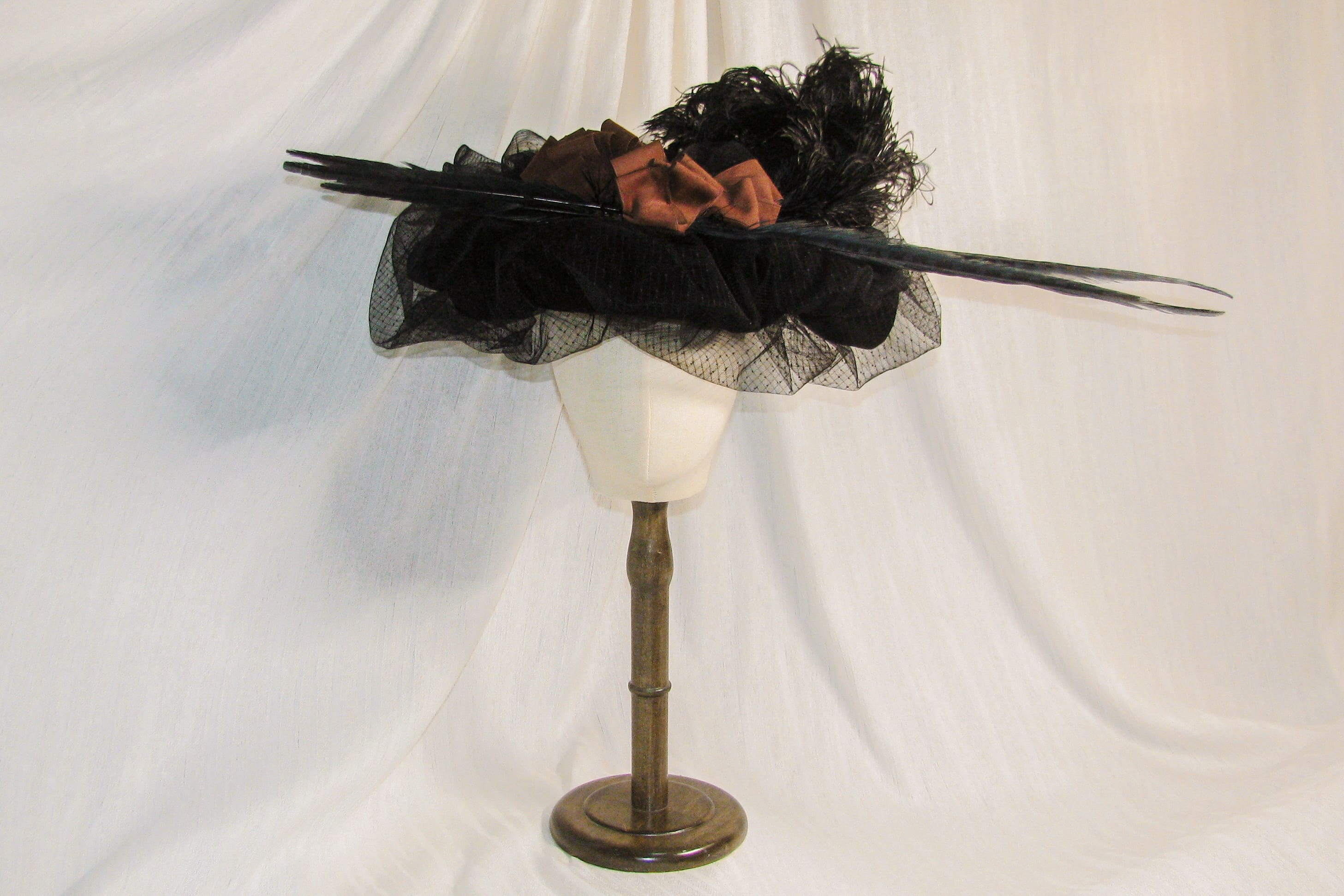 Victorian Edwardian Wide-Brimmed Hat with Brown Satin Rosette and Exotic Feather Details  ARHA1036