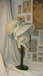 Regency Cream & Light Blue Feathered Bonnet with Floral & Satin Accents - Elegant Headwear for Tea Parties & Retro Styling ARHA1019