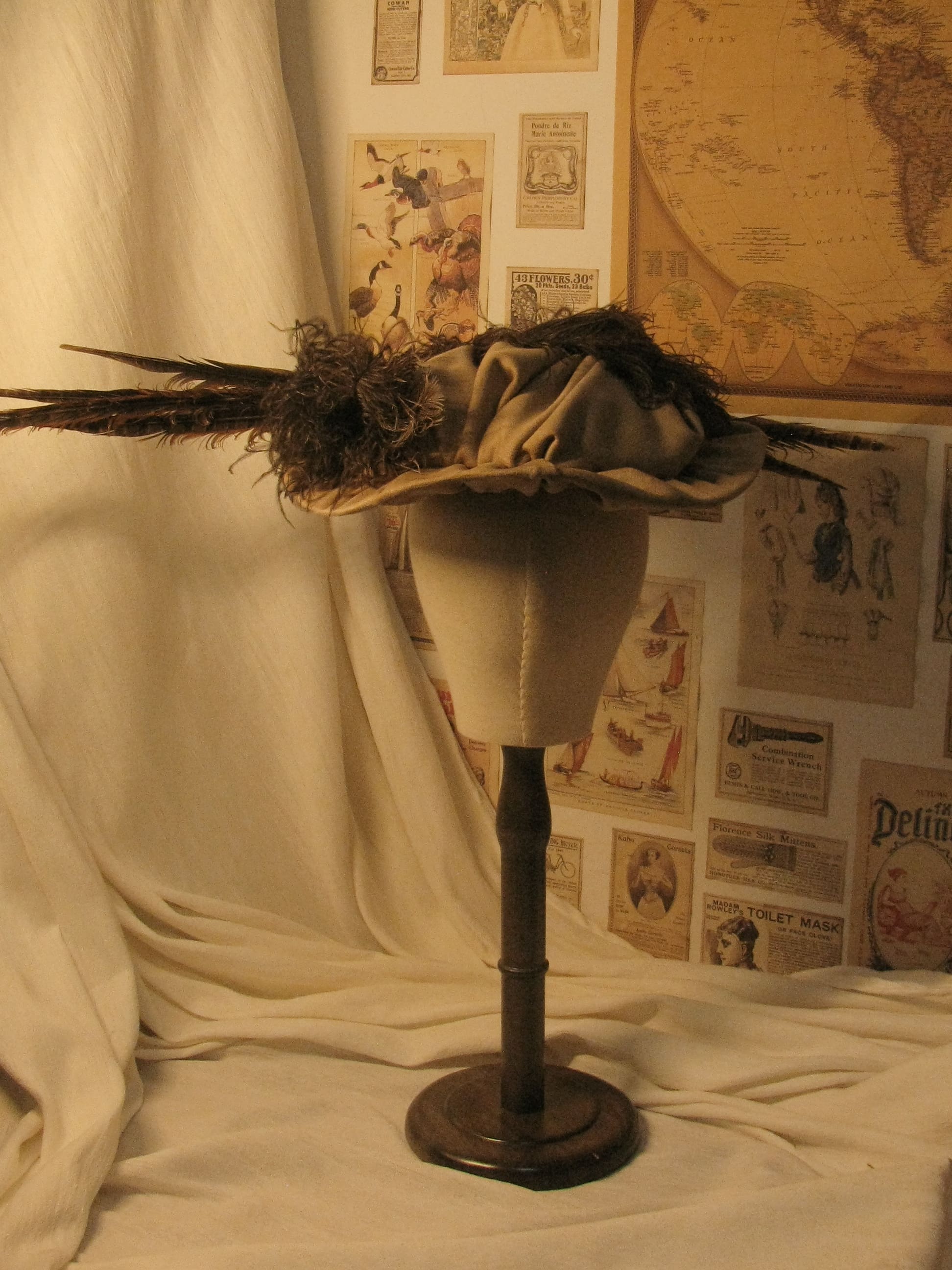Victorian Edwardian Wide-Brimmed Hat with Brown Satin Rosette and Exotic Feather Details ARHA1003