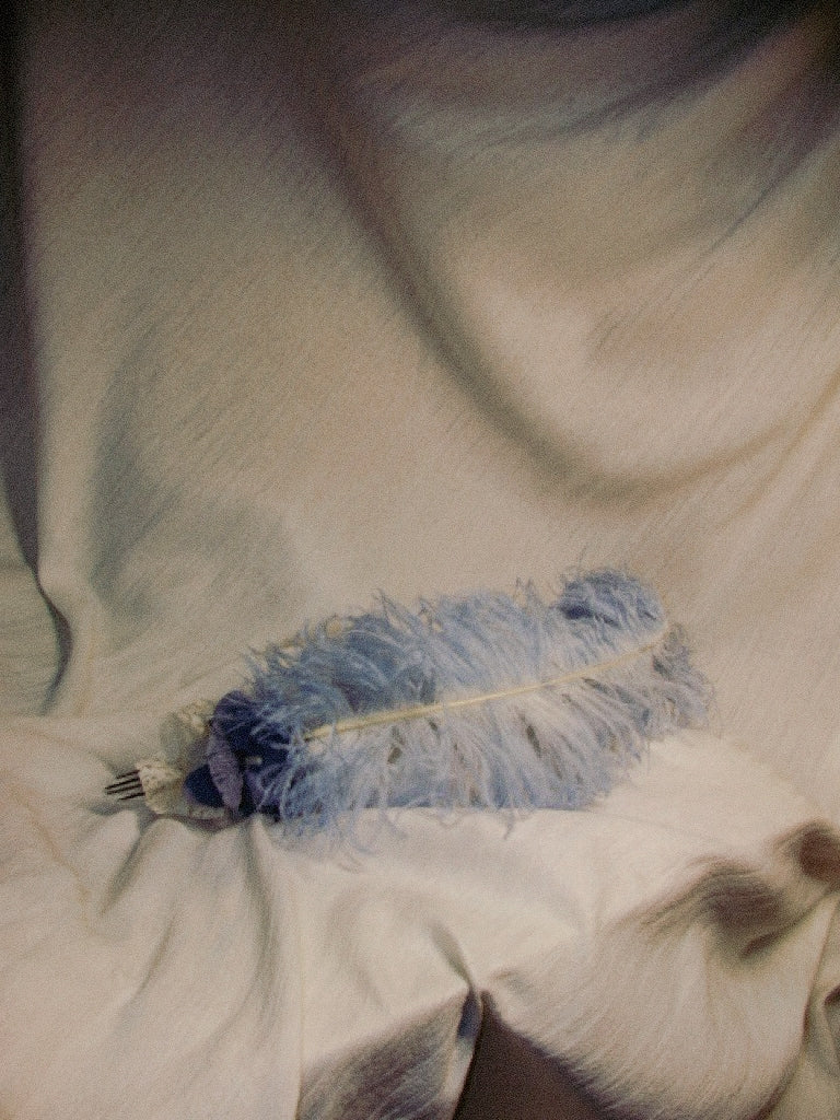 Regency Feather Comb Pastel Blue Fluffy Hair Fork with Lace & Floral Accent | Romantic Bridal Hair Accessory