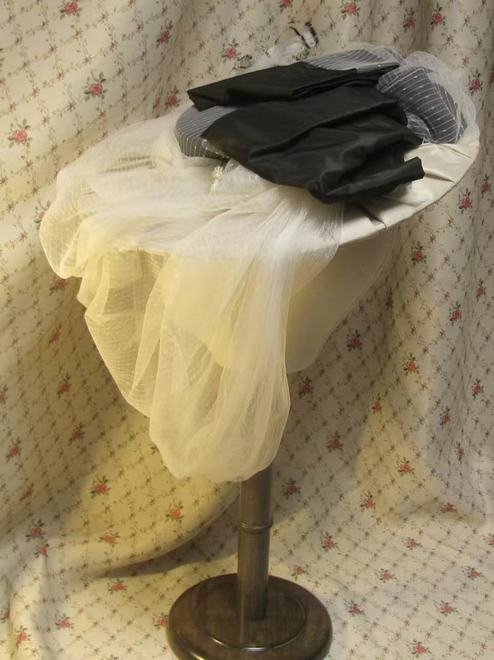 Edwardian Victorian Style Tulle Hat - Striped Fabric & Bow Detail for Retro Outfits & Tea Parties ARHA1030