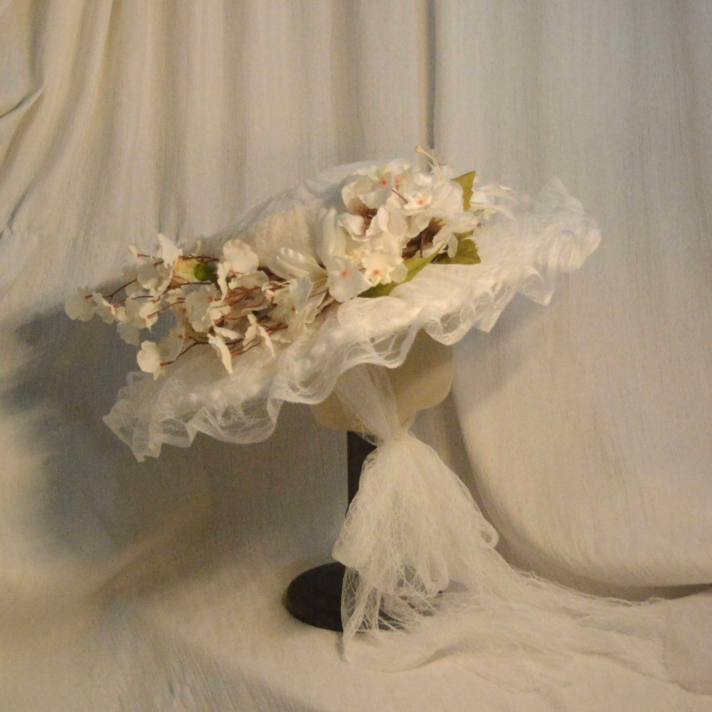 Edwardian Silk Taffet White Lace Millinery Hat with Handcrafted Floral Accents - Romantic Elegant Headwear for Weddings & Tea Parties ARHA1033