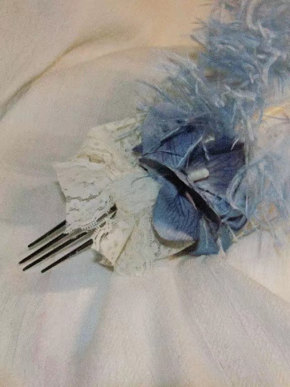 Regency Feather Comb Pastel Blue Fluffy Hair Fork with Lace & Floral Accent | Romantic Bridal Hair Accessory