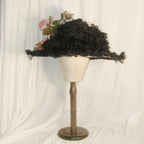 Edwardian Black Lace & Feather Hat with Pink-White Roses - Elegant Formal Event Headwear ARHA1028