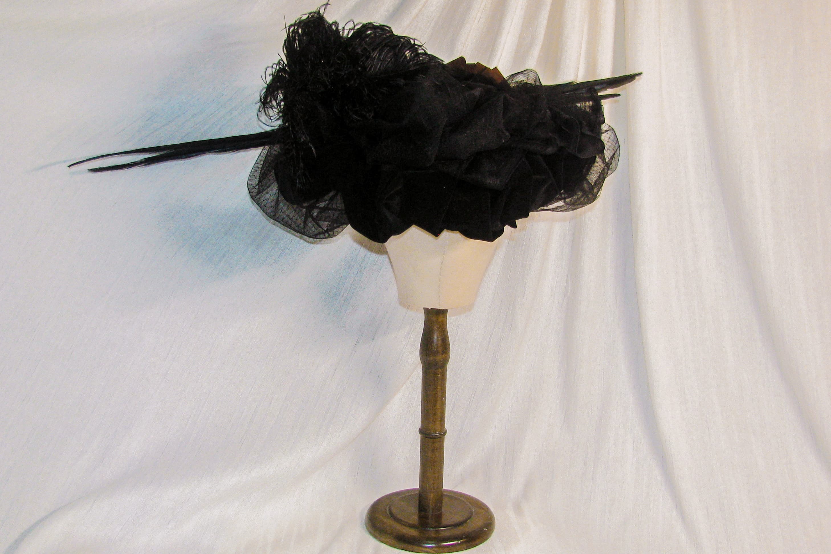 Victorian Edwardian Wide-Brimmed Hat with Brown Satin Rosette and Exotic Feather Details  ARHA1036