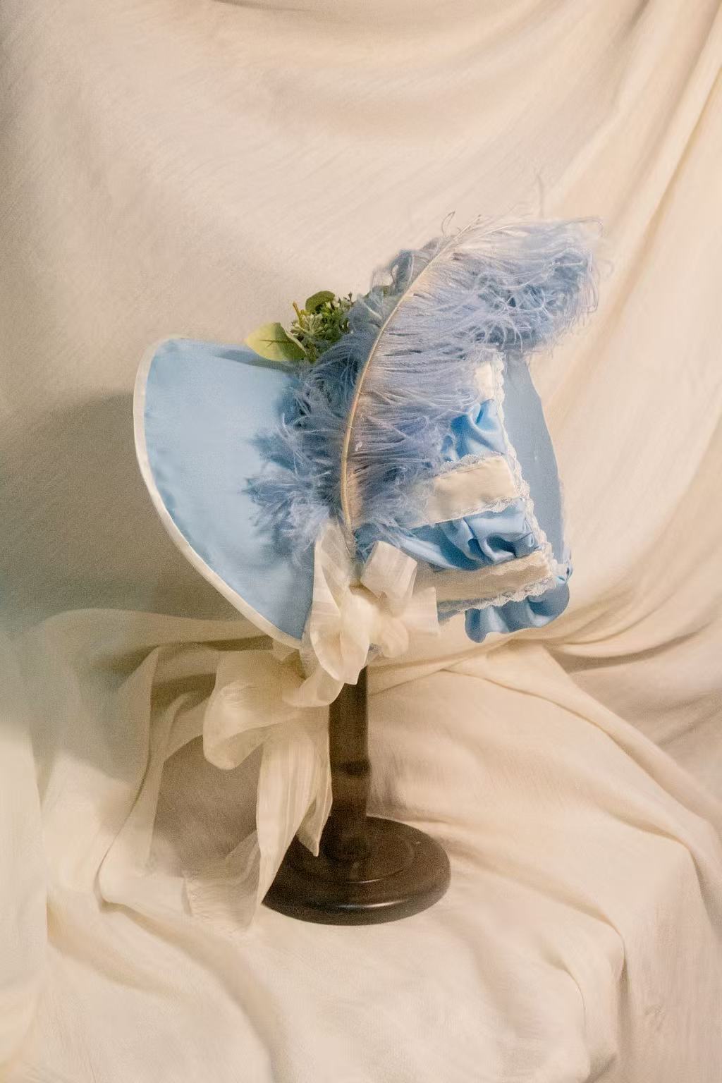 1800s Regency Bonnet Blue & Ivory Ruched Bonnet - Lace & Satin Ribbon Retro Hat for Elegant Outfits ARHA1037