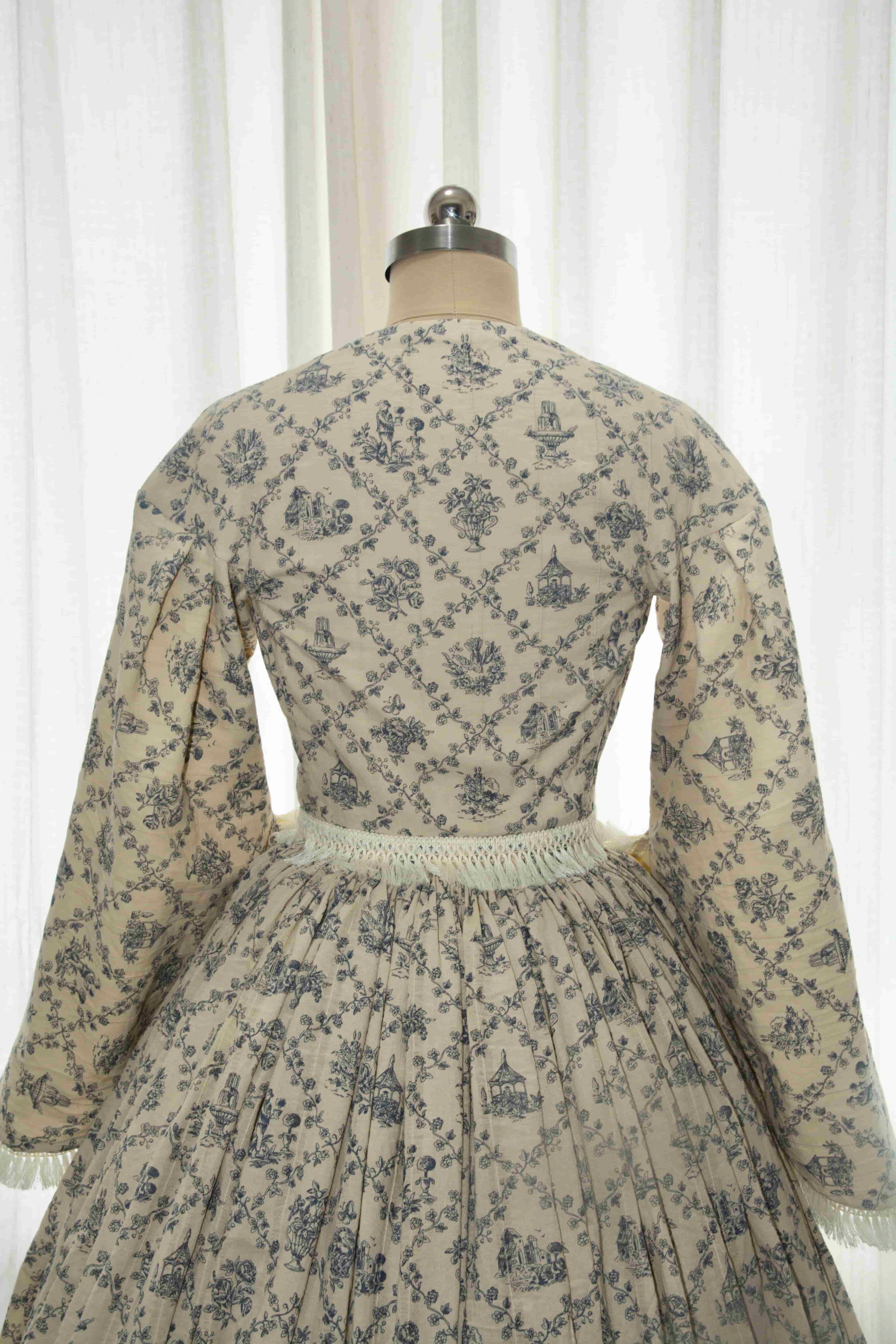 Mid-Victorian 1850s Civil War Day Dress - Blue Toile Print Cotton Gown with Pagoda Sleeves & Fringe Trim ARCL1012