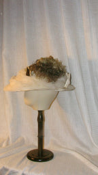 Edwardian Elegant White Sheer Bonnet with Feather Embellishments – 1900s-Inspired Themed Costume Hat  ARHA1011