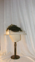Edwardian Elegant White Sheer Bonnet with Feather Embellishments – 1900s-Inspired Themed Costume Hat  ARHA1011