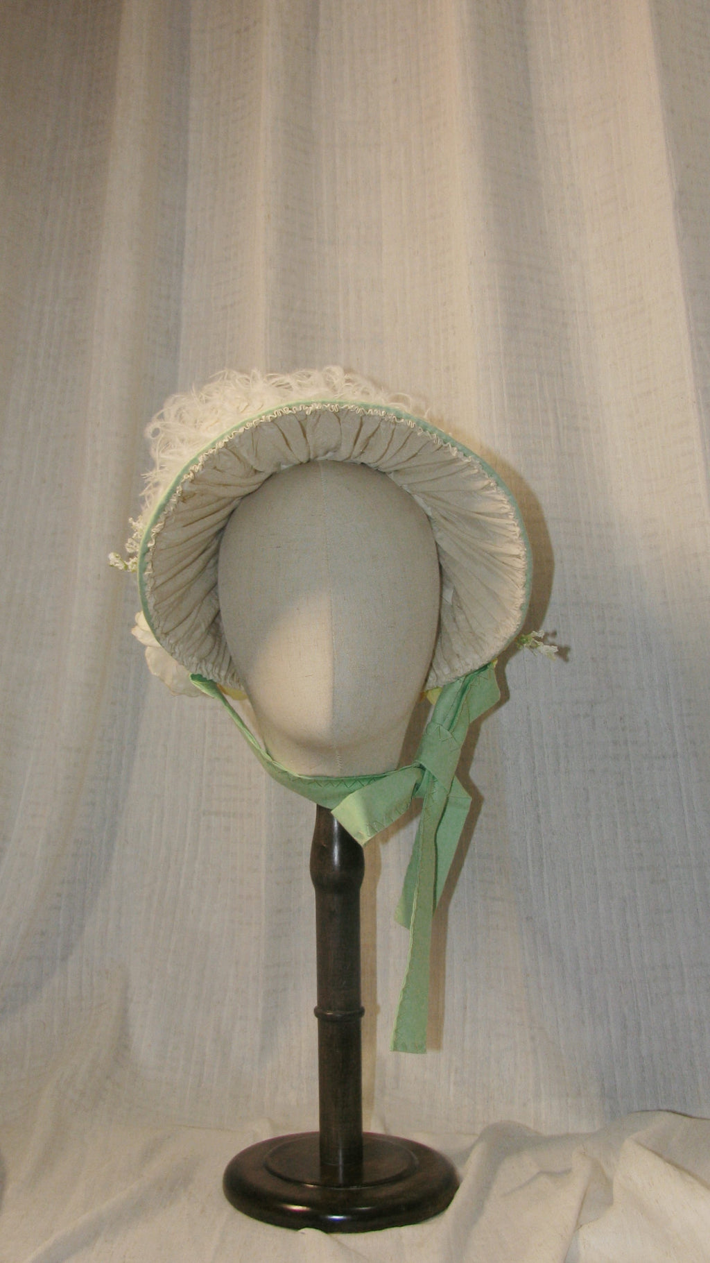 Regency Light Green & White Feathered Bonnet with Floral & Satin Accents - Elegant Headwe ARHA1016ar for Tea Parties & Retro Styling ARHA1016