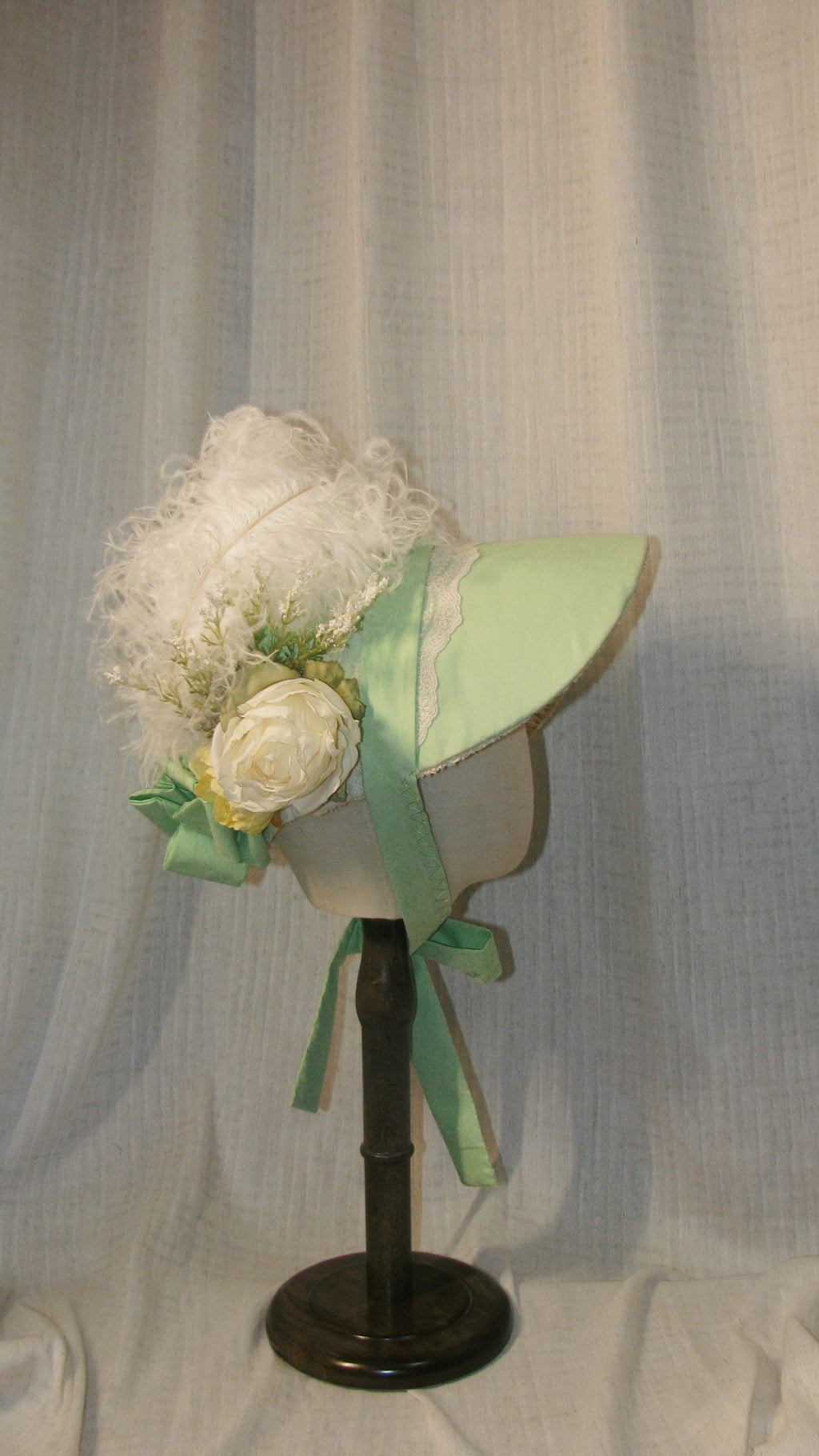 Regency Light Green & White Feathered Bonnet with Floral & Satin Accents - Elegant Headwe ARHA1016ar for Tea Parties & Retro Styling ARHA1016