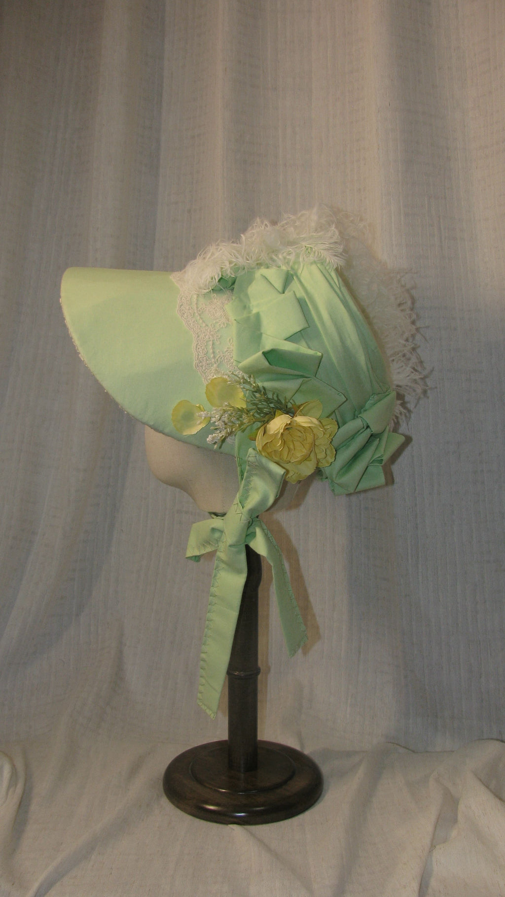 Regency Light Green & White Feathered Bonnet with Floral & Satin Accents - Elegant Headwe ARHA1016ar for Tea Parties & Retro Styling ARHA1016