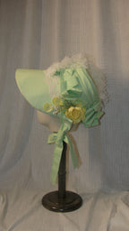 Regency Light Green & White Feathered Bonnet with Floral & Satin Accents - Elegant Headwe ARHA1016ar for Tea Parties & Retro Styling ARHA1016