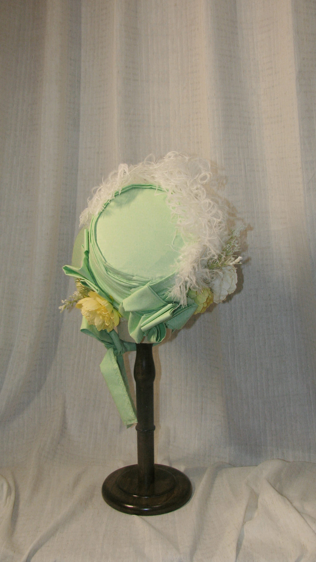 Regency Light Green & White Feathered Bonnet with Floral & Satin Accents - Elegant Headwe ARHA1016ar for Tea Parties & Retro Styling ARHA1016