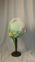 Regency Light Green & White Feathered Bonnet with Floral & Satin Accents - Elegant Headwe ARHA1016ar for Tea Parties & Retro Styling ARHA1016