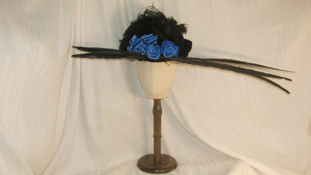1890 Black & Blue Feathered Hat with Satin Rose Accents - Dramatic Statement Headwear for Parties & Formal Events ARHA1018
