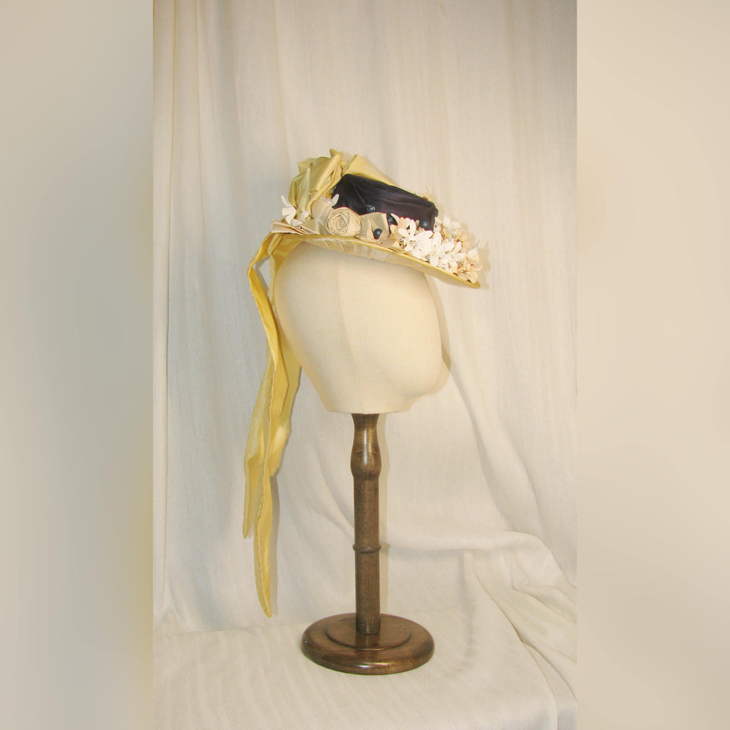 Bustle  Yellow & Black Floral Hat with Silk Taffeta Ribbon - Elegant Retro Headwear ARHA1027