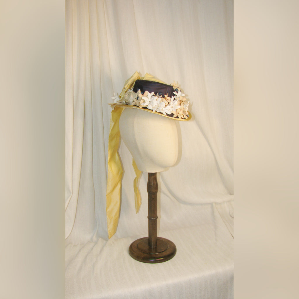 Bustle  Yellow & Black Floral Hat with Silk Taffeta Ribbon - Elegant Retro Headwear ARHA1027